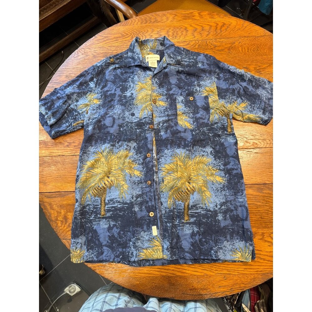 Mens' Retro Tropical Hawaiian L Blue Short Sleeve Havana Jacks Cafe Palm Tree